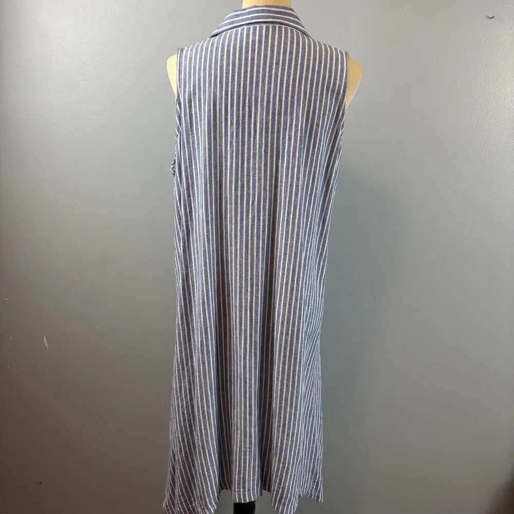 ForCynthia Striped Sleeveless Shirt Button Up Dress Linen Blend Ruched Pocket LG - Picture 2 of 10